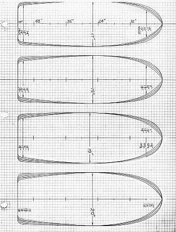 04 BDS. My design exercise sheet for big-wave boards, with the widest-point set at about midway from the nose to the tail. I tried 17" to 20" widths, and even built one 15" wide as a kneeboard, which my friend Steve Hoppe rode on his knees hands off on his first ride at Makaha on a 15 foot wave. It had a soft vee on the bottom. The wider-nose, wider-tail versions were the best shapes. They look like the old Hawaiian 'Alaia' boards!