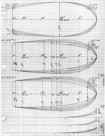 06 BDS (top drawing on page). By 1967, I had settled on the 54" x 22" overall board size for my favorite point breaks, Malibu and Rincon. On this page, with the top drawing, I explored the possible nose and tail widths for my next board. I chose the extra-wide 19" tail (measured here at 2" up from tail end, because of the small-radius square tail chosen for high speed). I wanted a nose width of around 70 to 75 percent of the 22" board width, or somewhere in the 15.4"-16.5" range. I chose to use the 16" nose (measured at 6" back), and the resulting nose widths (measured at 3", 6" and 12" back) were 12"-16"-20", (that nose line is drawn slightly darker). This became my best nose shape, and when I moved from California to Makaha in September 1969, that board was my best board for several years, until I designed the Maili Marauder for Stan Wright in 1972, using the more rounded square tail corners. Middle and Bottom drawings: design exercise holding the tail width constant at 18" or 17", and varying the widths. Some of the wider tail (18") were built in 21" and 22" widths for guys in Hawaii.