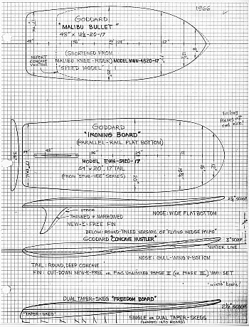 09 BDS. Top: I lengthened the lines of the Concave Vector, shortened the nose by 1", and got a pretty fast board shaped like a bullet. It was my first good 48" x 20" board. Bottom: The "Ironing Board" was too stiff, but OK in waves that didn't allow cutbacks. Looks kinda like a Hawaiian 'Alaia' board. Only one ever built.
