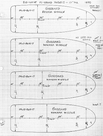 12 BDS. Design Exercise, Makaha Missile, all 54" x 18", with constant 17" tail, but with varying nose widths from 10" to 13". My red 'Missile' is the second one down from the top, same as the top one on 11 BDS. See my interview for the design details and discussion, plus photos. The 11" nose is still a little on the narrow side. I think a little wider would have been better.