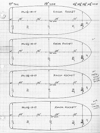 13 BDS. Design Exercise, "Rincon Rocket" series, all 54" x 19", with constant 17" tail, but with varying nose widths from 11 1/2" to 14 1/2". The one at the top of the page never got built (don't like pointy noses!). Designed for point break waves, with the wide point near middle of the board. Work well in fast waves!