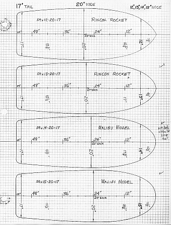 16 BDS. Continuing the "Rincon Rocket" series of designs, in the fall of 1968, I drew the 54" x 20" boards, ALL with 17" tails on this sheet, but varying the nose widths only. The 2nd one from the top is the original board (same as the 3rd one down on 15 BDS). The 3rd one down from the top, with the 14" nose, was outstanding in Malibu waves, so I named it the "Malibu Model" At this point, in the Fall of 1968, I was building a new board every week! It was beginning to be a problem finding enough good, clean surf to test my growing stable of new board designs! I was starting to think about going to Hawaii...