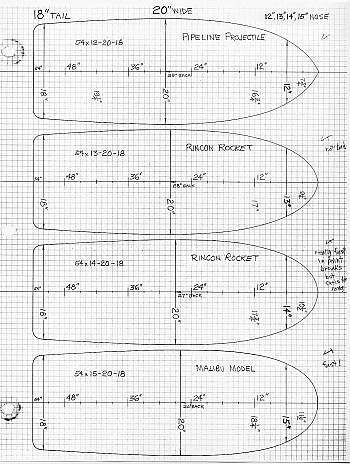 17 BDS. Similar to the series above, all 54" x 20", but this time with an extra-wide 18" tail (90% of board width), or only 2" narrower than the widest point. Again, only the nose widths were changed. By this time (winter of 1968/1969), I was no longer interested in narrow, pointy or peaked nose shapes, so the top board shape on this page was not built. The other 3 WERE built, and the bottom two boards with the wider 14" and 15" noses were ridden in the first south swells of the new season (May 1969) at Huntington Beach and Malibu. I was starting to prefer WIDE noses for trimming farther forward to achieve higher speeds. I started using less kick in the nose, 2 1/2 inches about this time. The narrower noses usually had 3" kick, but the boards still pearled too easily.