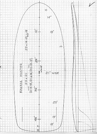 21 BDS. A slightly narrower-nosed, slightly longer version of the Twin Fin Hustler, but with a redesigned tail for hot-dog waves. Never built, because I was trying to get away from the narrower nose shapes.